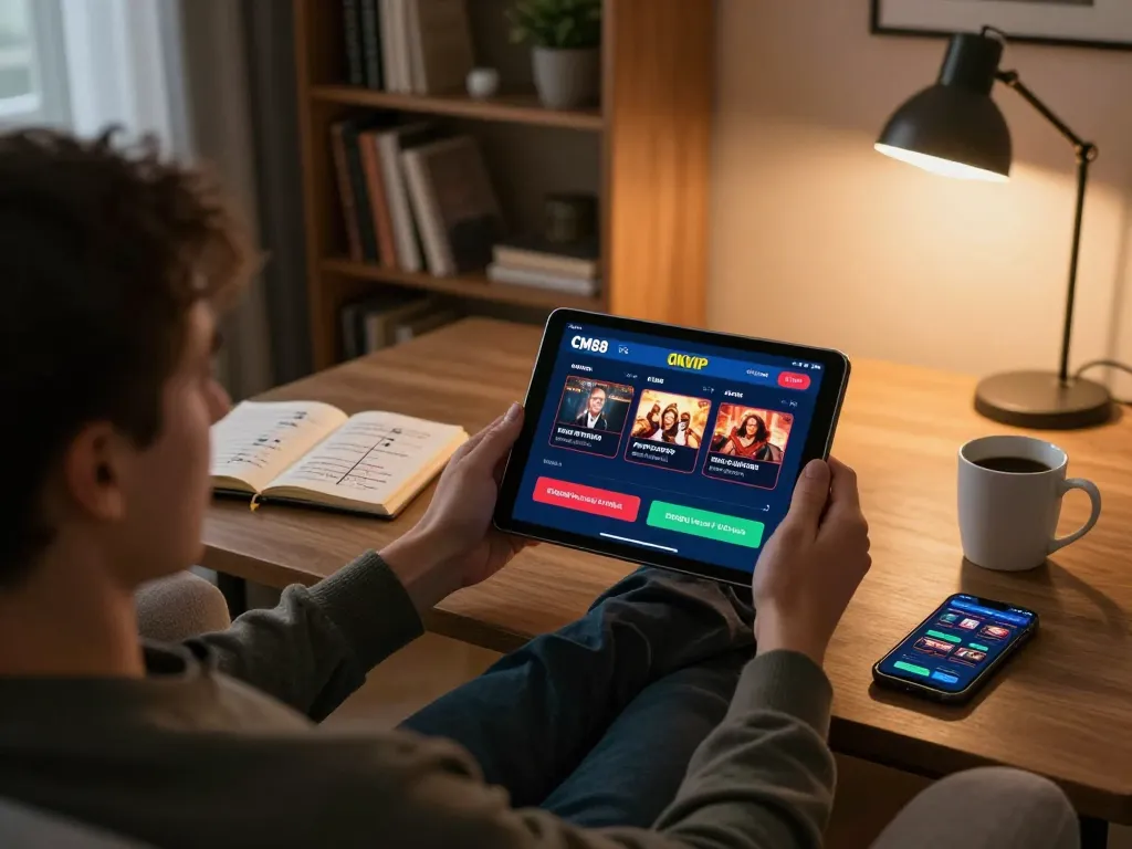 Player enjoying the CM88 OKVIP casino app from home, engaging in responsible gaming