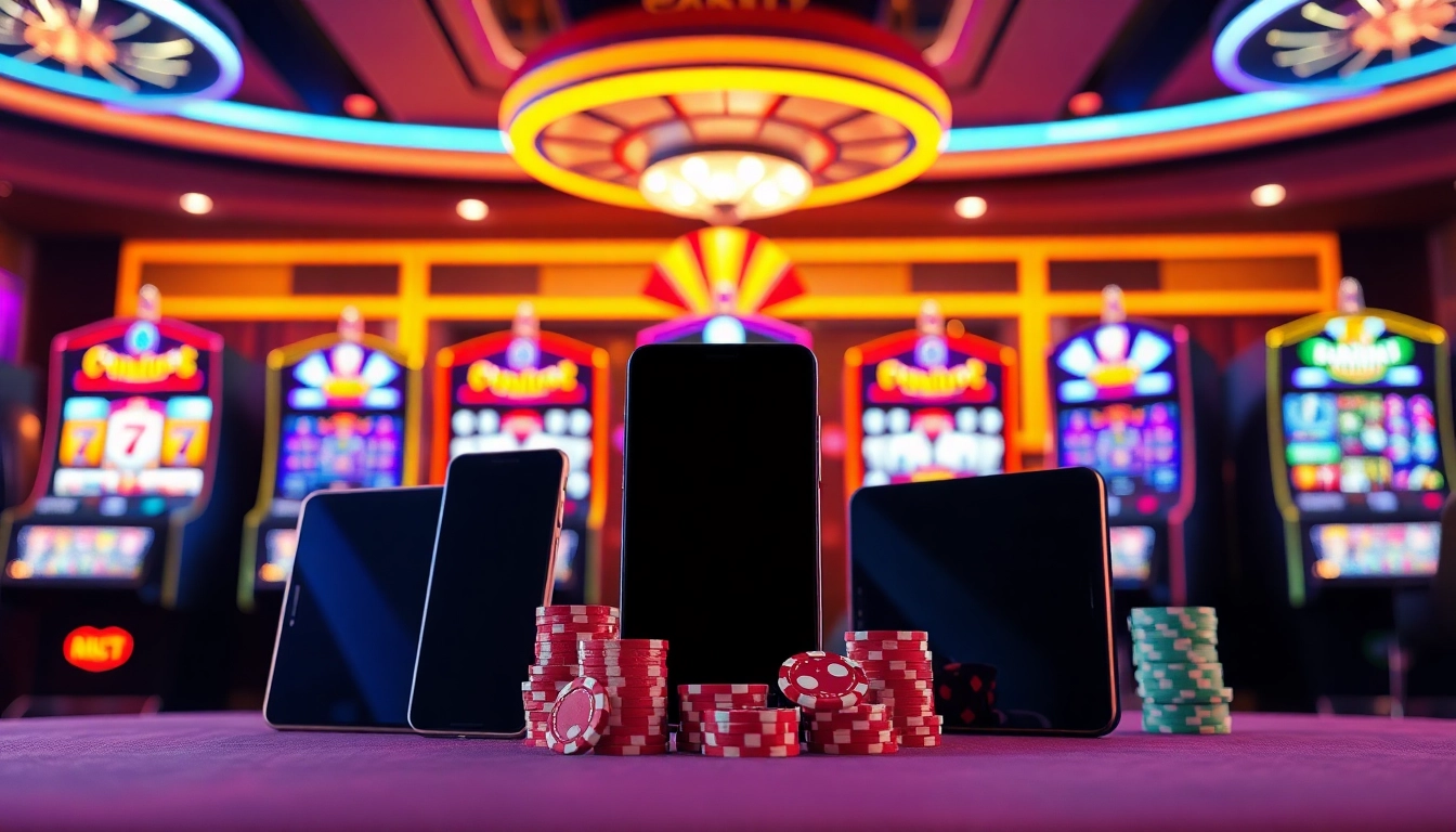 Erleben Sie die beste Casino App in Deutschland mit attraktiven Mobilgeräten, die in einem stilvollen Casino-Ambiente präsentiert werden.