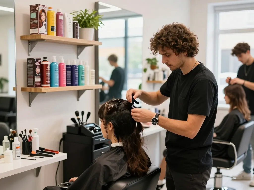 Professioneller Stylist, der Haarfarbe Friseur in einem lebhaften Salon aufträgt.