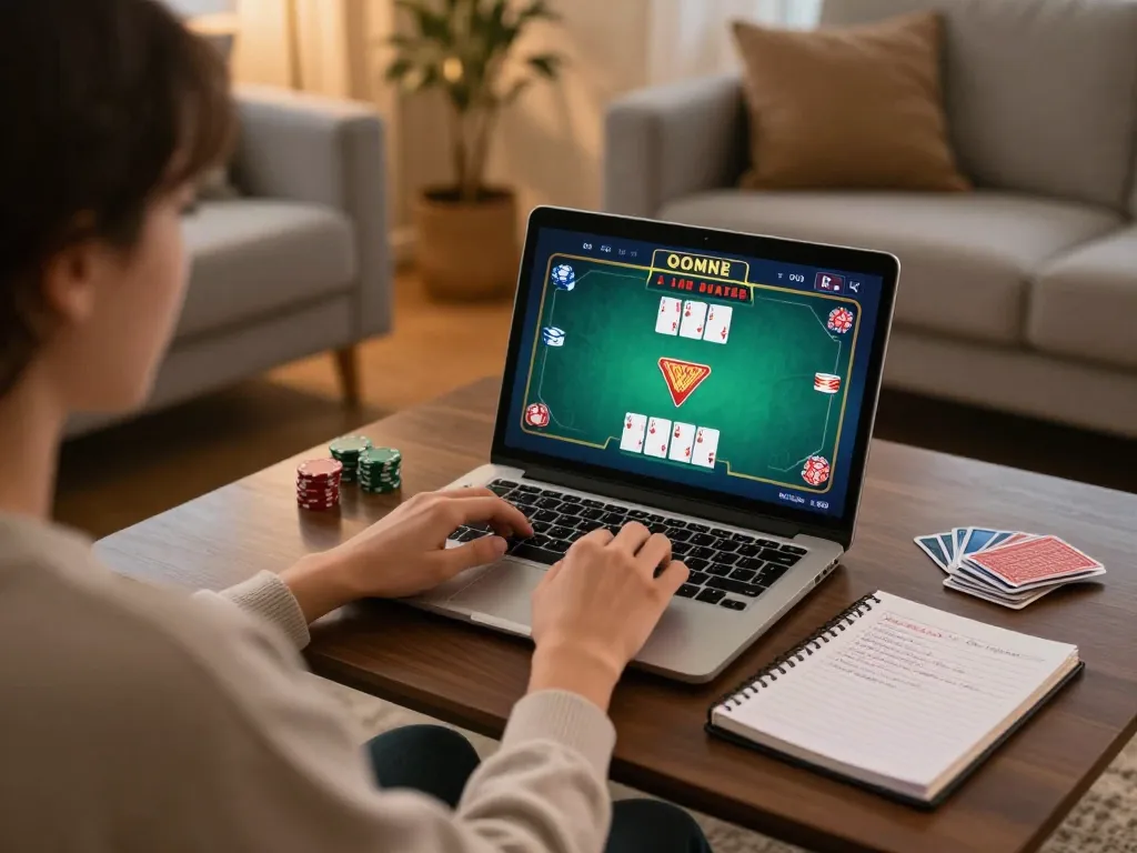 Player immersed in strategic online SC88 gameplay, analyzing poker cards on laptop in a cozy living room.