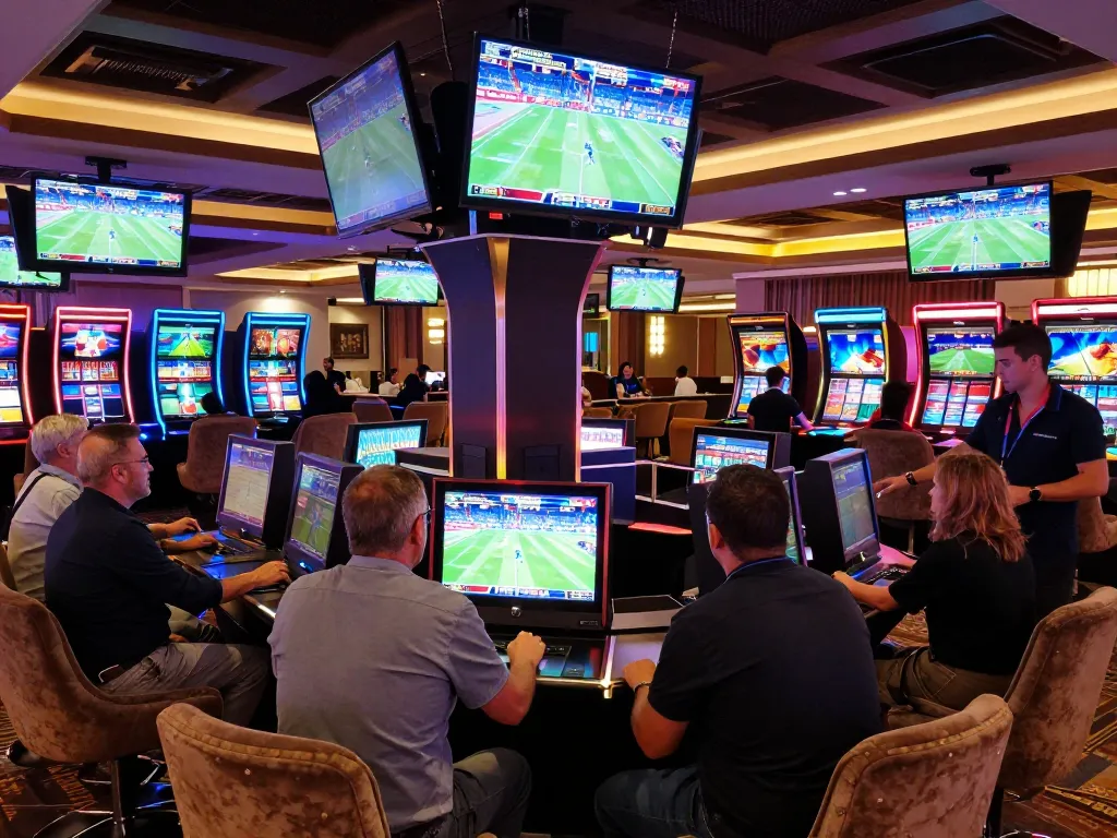 Tỷ lệ kèo nhà cái hôm nay being analyzed in an upscale sports betting lounge filled with excited patrons