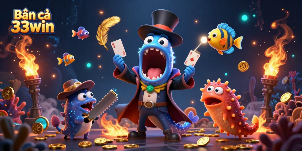 Experience thrilling gameplay with Bắn cá 33win in this vibrant casino-themed illustration featuring animated sea creatures.