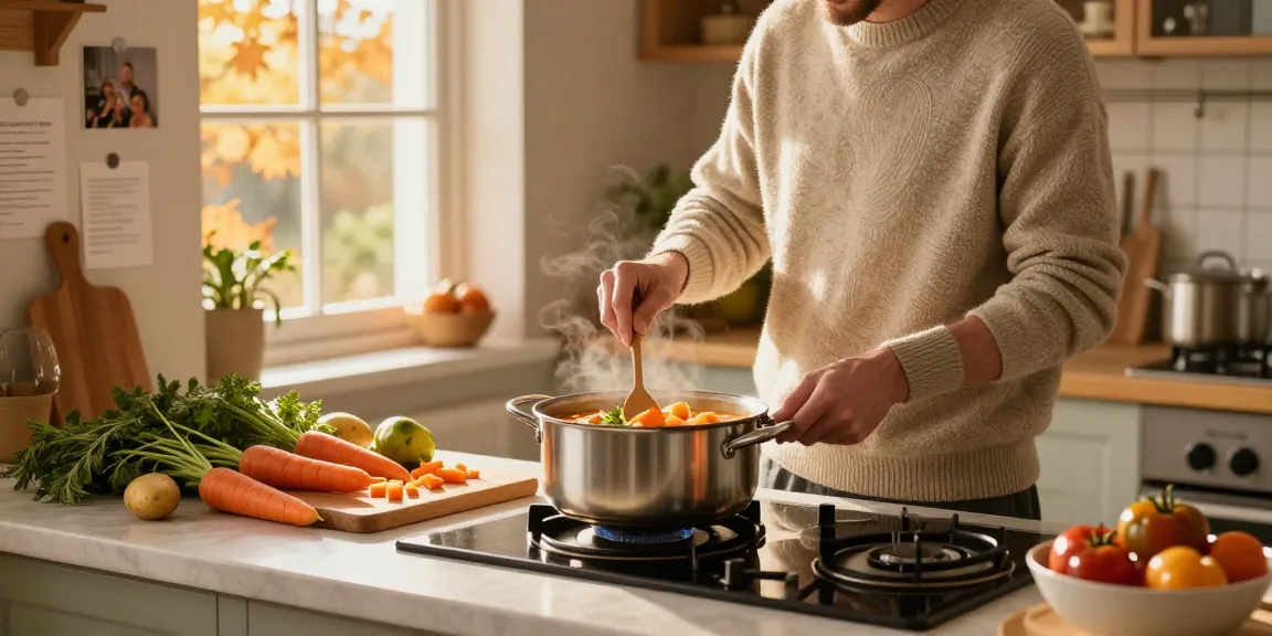 Leckere vegetarische Suppe köchelt in einer gemütlichen Küche voller frischer Zutaten und warmem Herbstlicht.