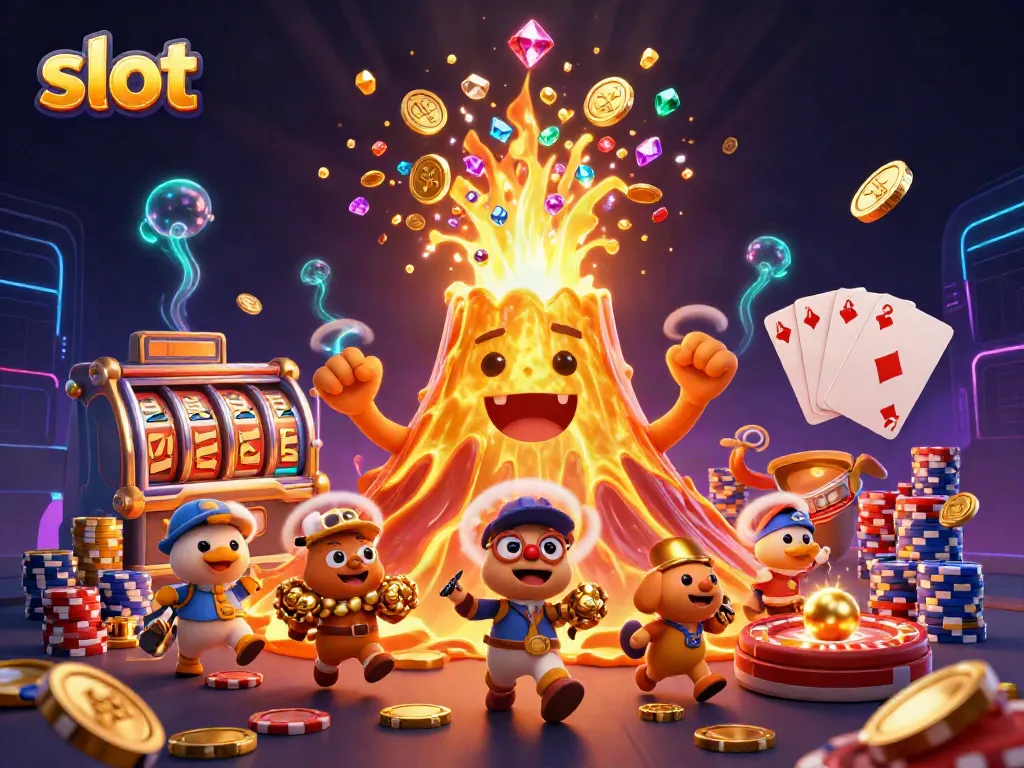 Experience the thrill of slots with a golden volcano erupting treasures in this vibrant casino art.