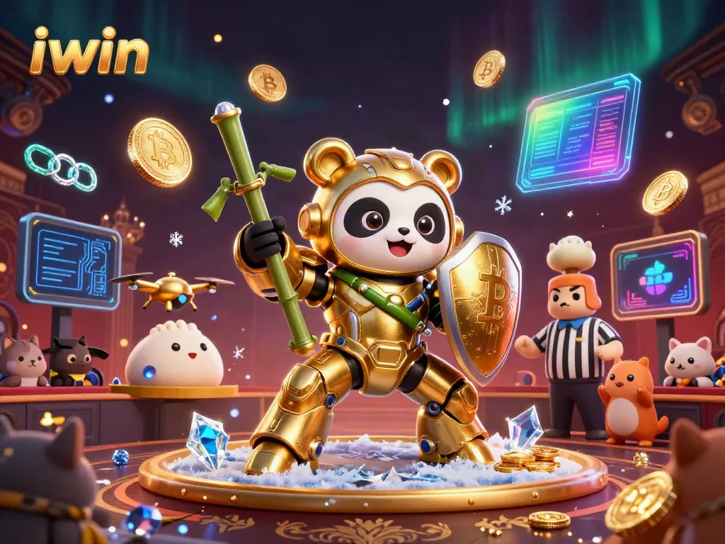 Experience iwin's dynamic casino scene featuring a mech-suit golden panda against a backdrop of shimmering coins and vibrant spectators.