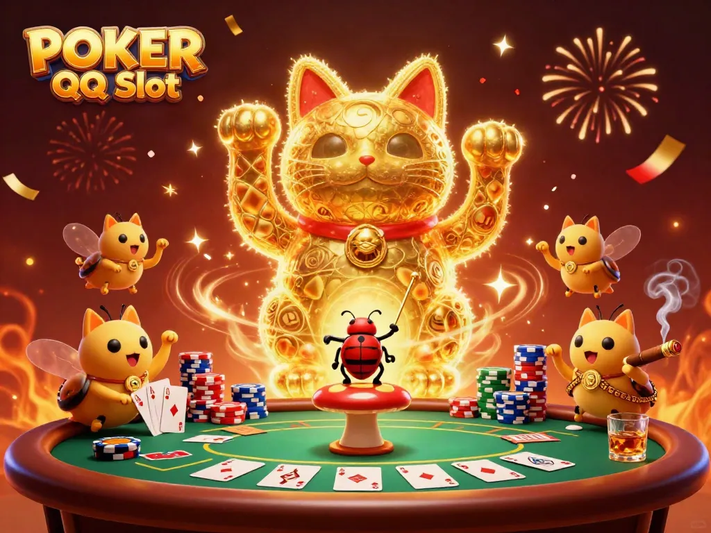 Experience the thrill of POKER QQ Slot with a dynamic scene showcasing golden fireflies and casino elements.