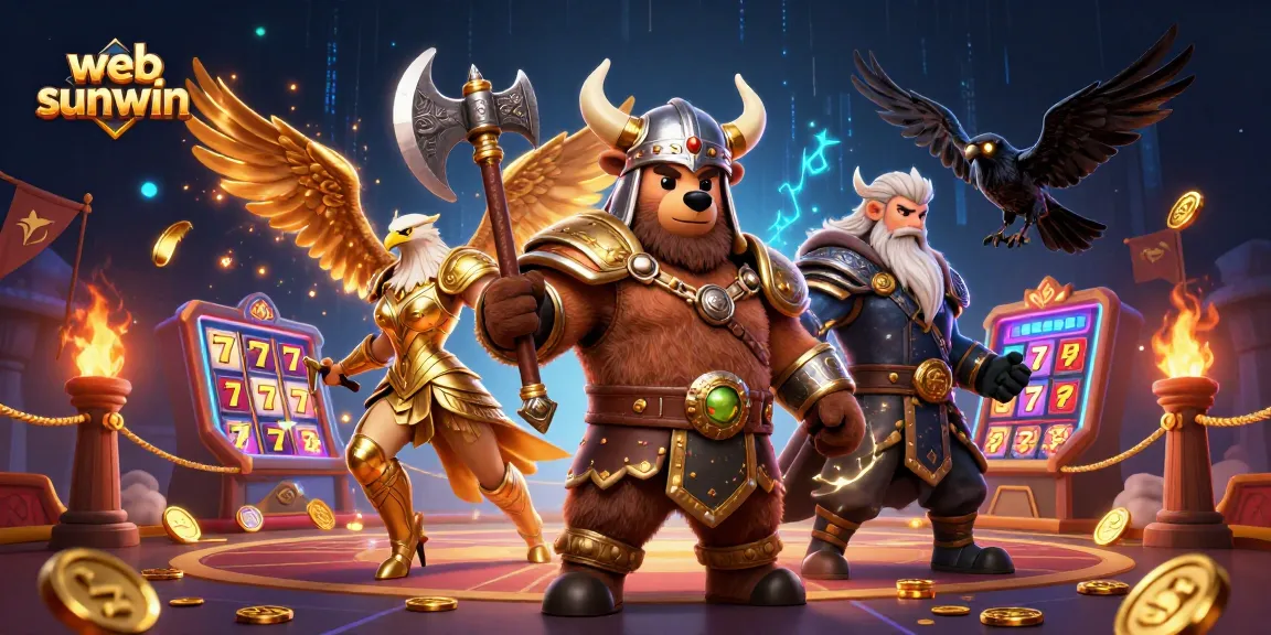Bet big with web sunwin in a vibrant casino scene featuring a Viking bear and Valkyrie eagle.