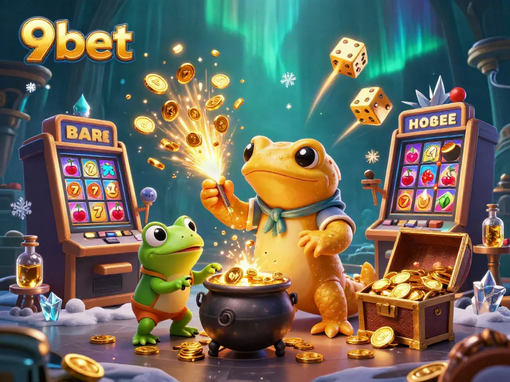 Experience the magic of 9bet with a golden alchemist and vibrant casino elements.