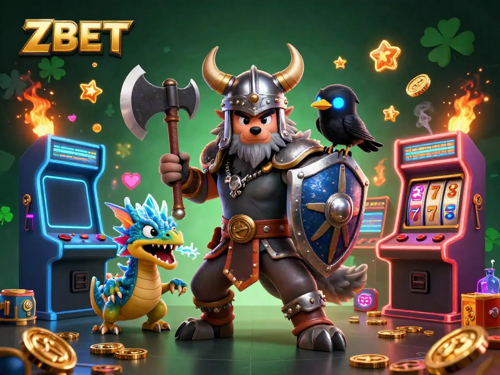 Experience exciting gaming moments with ZBET, featuring a Viking wolf warrior, dragon, and arcade elements.