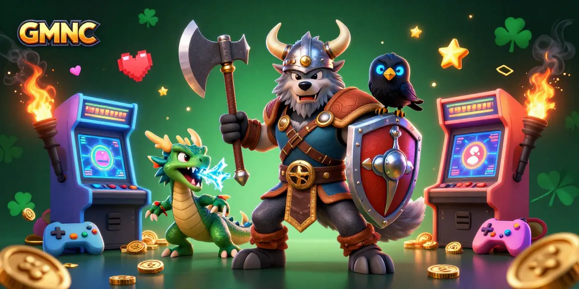 Engage in adventurous slots at GMNC with Viking characters, arcade machines, and gold coins.