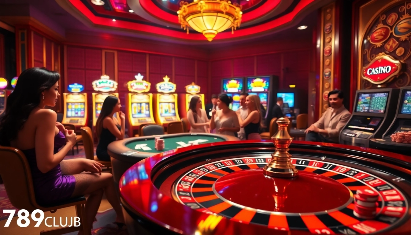 Engaging scene at 789club with players enjoying roulette and poker in an upscale casino atmosphere.