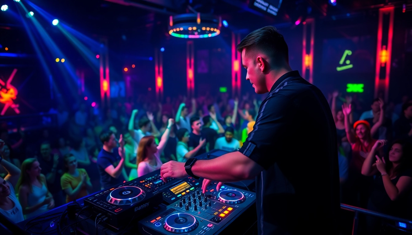 DJ aus München begeistert das Publikum in einem lebhaften Nachtclub mit energiegeladener Musik.