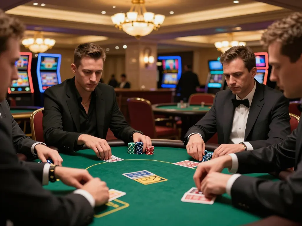 Players engaged in a thrilling poker game at 78win casino, showcasing strategy and excitement.