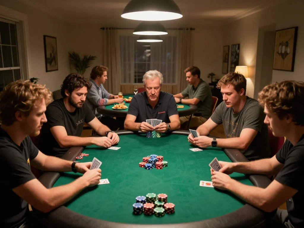 Engaging scene capturing friends enjoying a poker night with the Bester KI Detektor providing insights for strategy