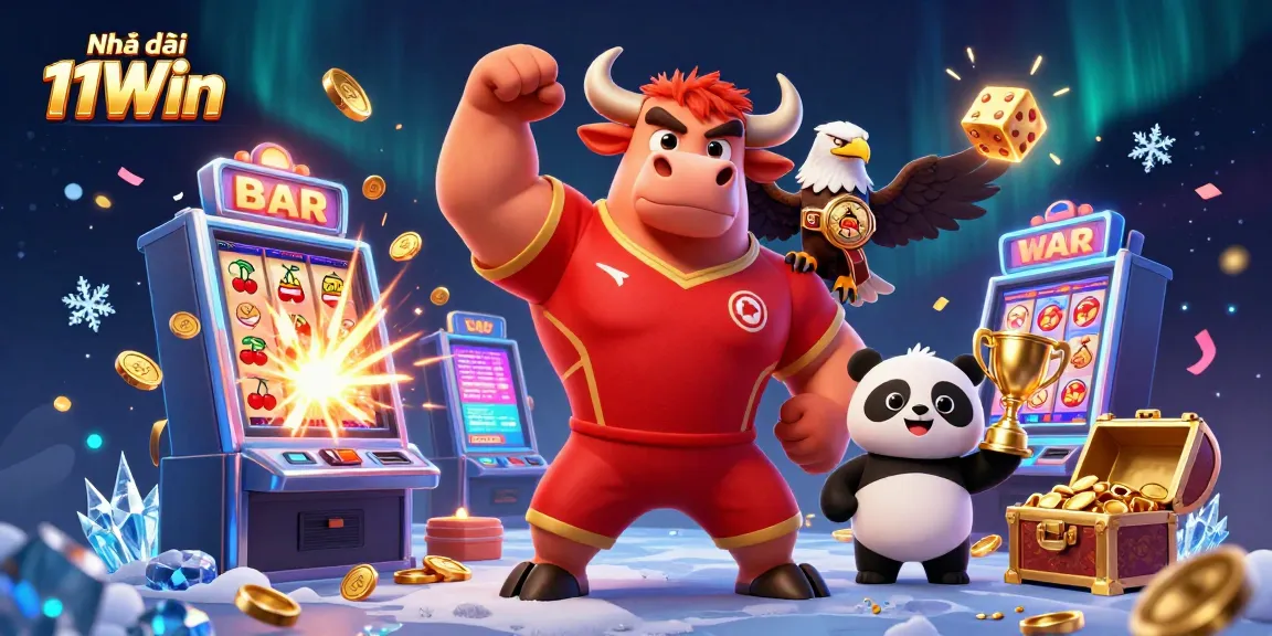 Engage with Nhà cái 11Win in a vibrant 3D casino scene bursting with winning elements