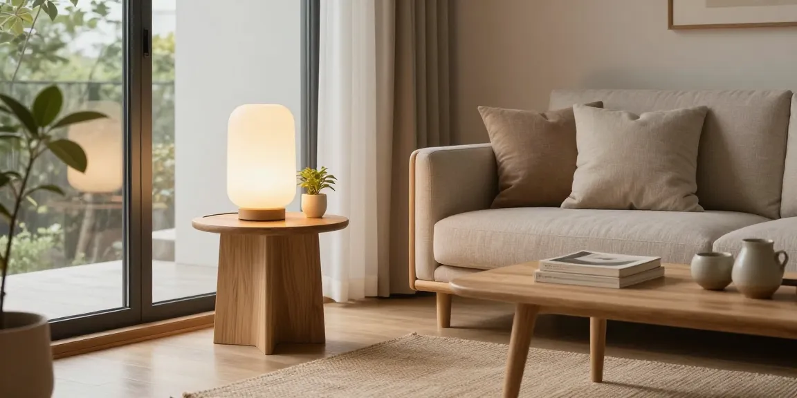 Japandi Tischlampen Design, das ein ruhiges Wohnzimmer mit natürlichen Materialien und minimalistischer Dekoration beleuchtet.