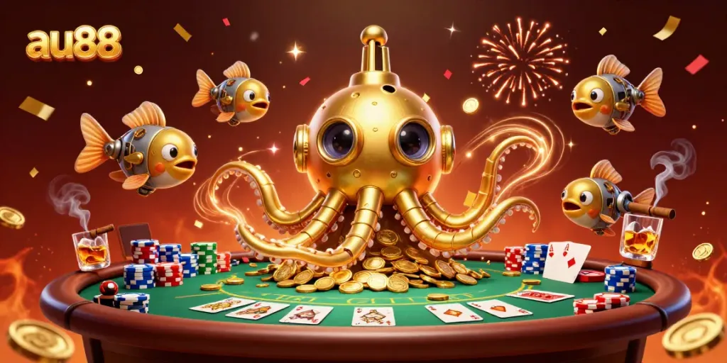 Experience the excitement of au88 with a golden kraken submarine and poker scene, surrounded by celebration confetti.