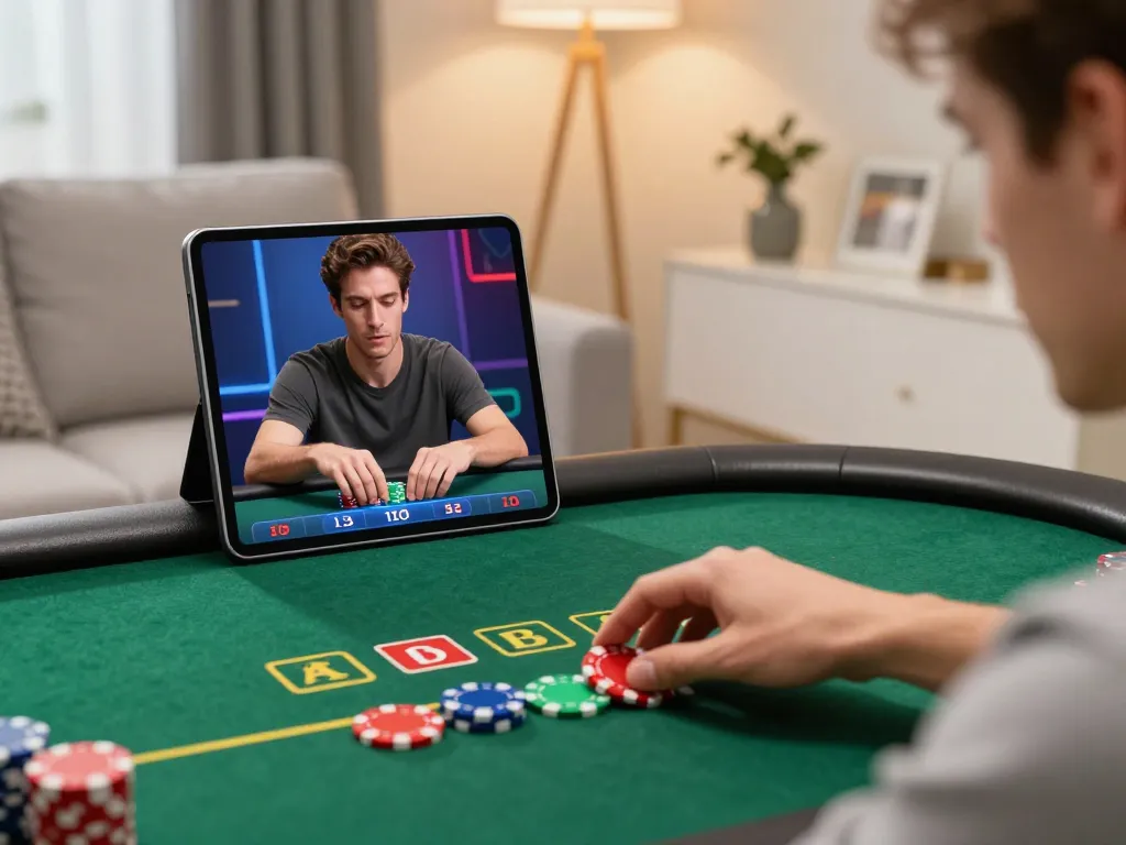 Engaged player at nhà cái go8 mobile casino app placing bets on virtual poker game
