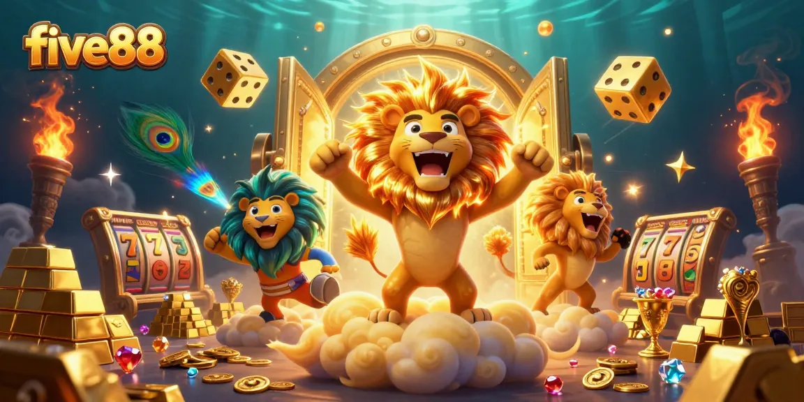 Feel the excitement with five88 as a roaring cartoon sun lion and golden games illuminate the scene