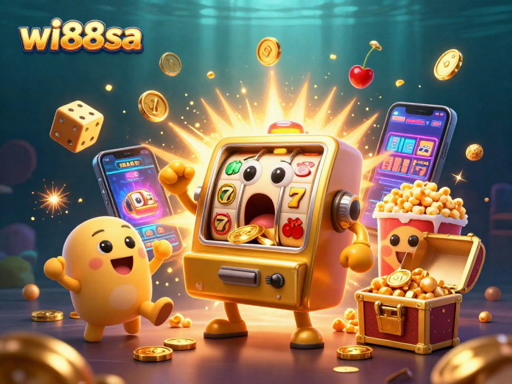 Experience the thrill at wi88sa with a lively scene of slot machines celebrating a jackpot!