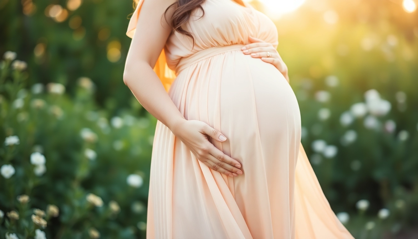 Babybauch Shooting München: Schöne werdende Mutter mit strahlendem Lächeln im Freien.