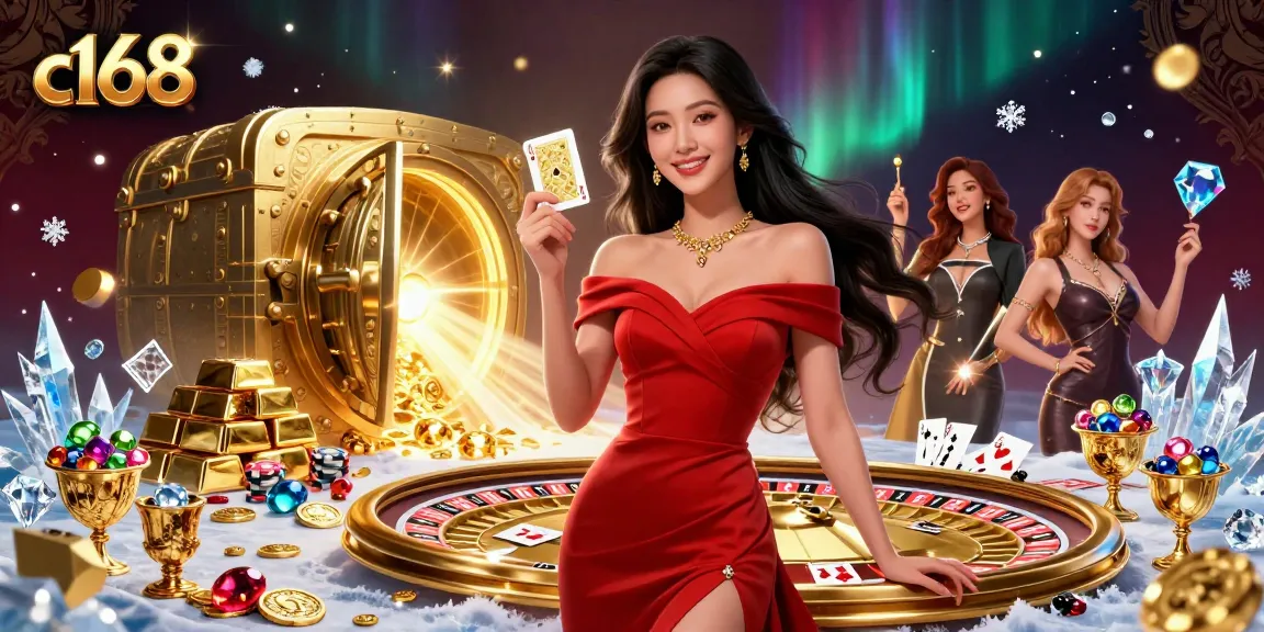 Play your winning hand with c168 featuring a glamorous Asian woman holding a playing card.