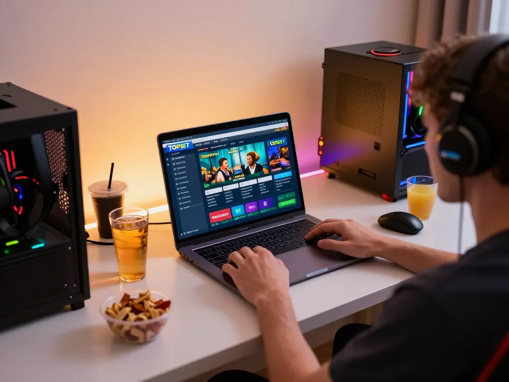 Engaging online gaming scene showcasing TOPBET sports betting interface on a laptop in a vibrant home setting.