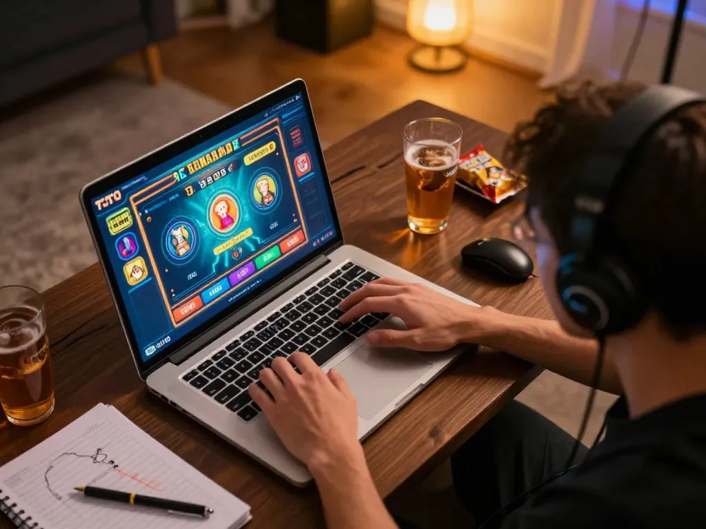 Player enjoying an online gaming session on ph33.info, showcasing a colorful casino interface in a cozy home setting.
