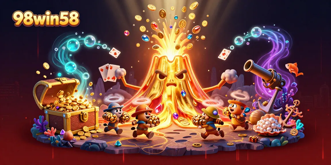 Join the fun with 98win58 in this vibrant digital illustration showcasing a triumphant golden volcano surrounded by treasures and gaming elements.