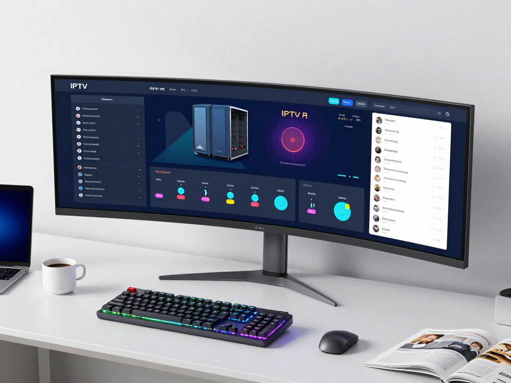 IPTV subscription management dashboard in a tech-savvy workspace with advanced analytics and software solutions.