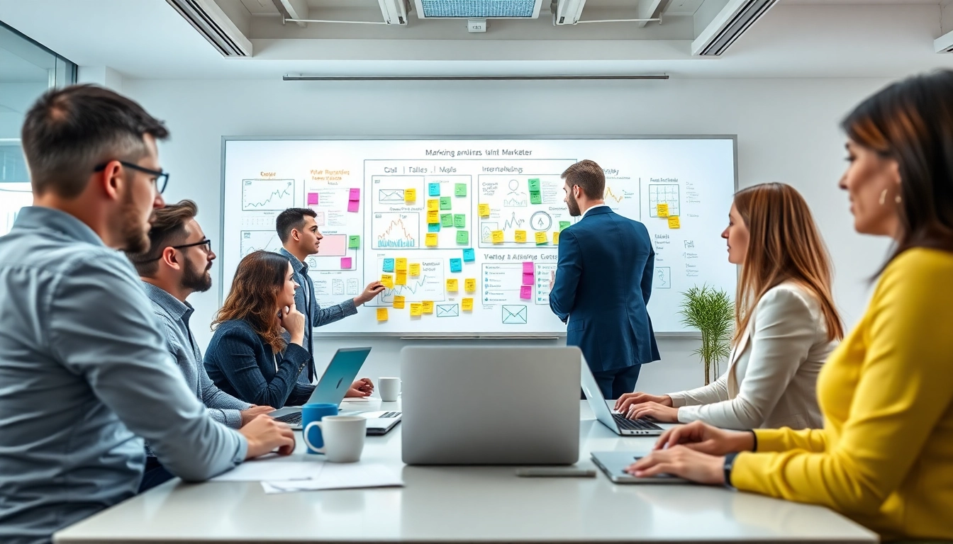 Diskussion über Werbung Trends in einem modernen Büro mit farbenfrohen Notizen und Charts.
