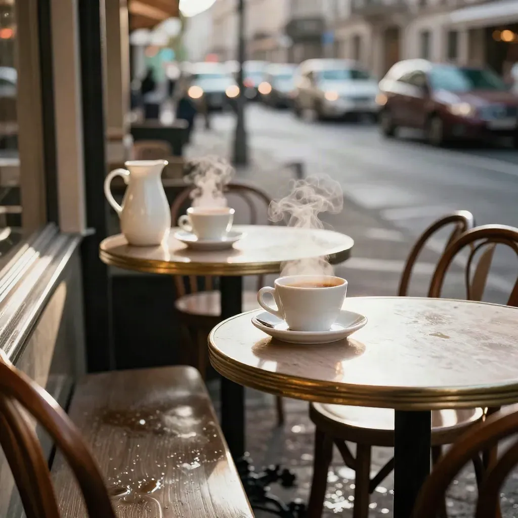 Dampes Café am Ring mit dampfender Tasse, leeren Stühlen und nassem Pflaster im Abendlicht.