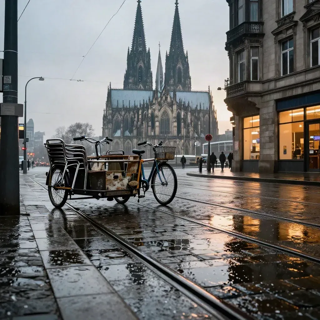 Domspitzen im Regen spiegeln sich in Tramgleisen, daneben Stühle, Lastenrad und Kisten.