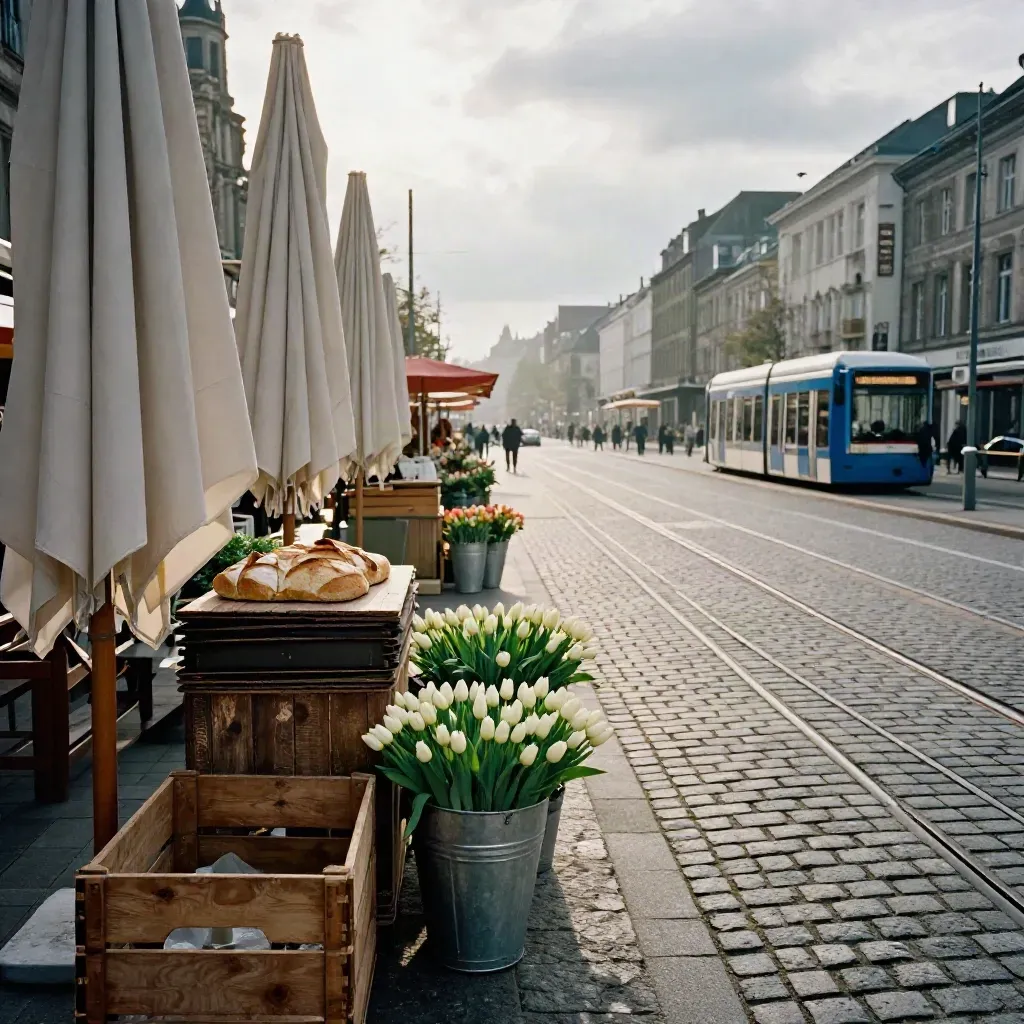 Marktszene in Köln mit Brotkisten, Blumen und einer zurücklaufenden Straßenbahnhaltestelle am Morgen