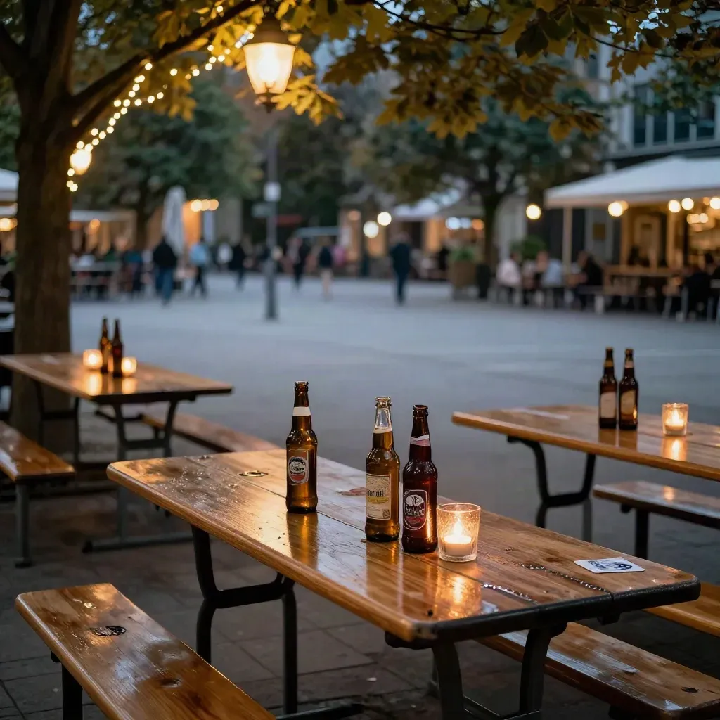 Brüsseler Platz bei Sonnenuntergang mit leeren Tischen, Kölschflaschen, Kerzen und Lichterketten.