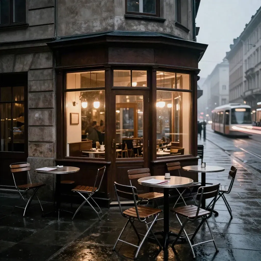 Nasser Südstadt-Restaurantcorner bei Abendlicht mit warmen Fenstern und leeren Tischen.