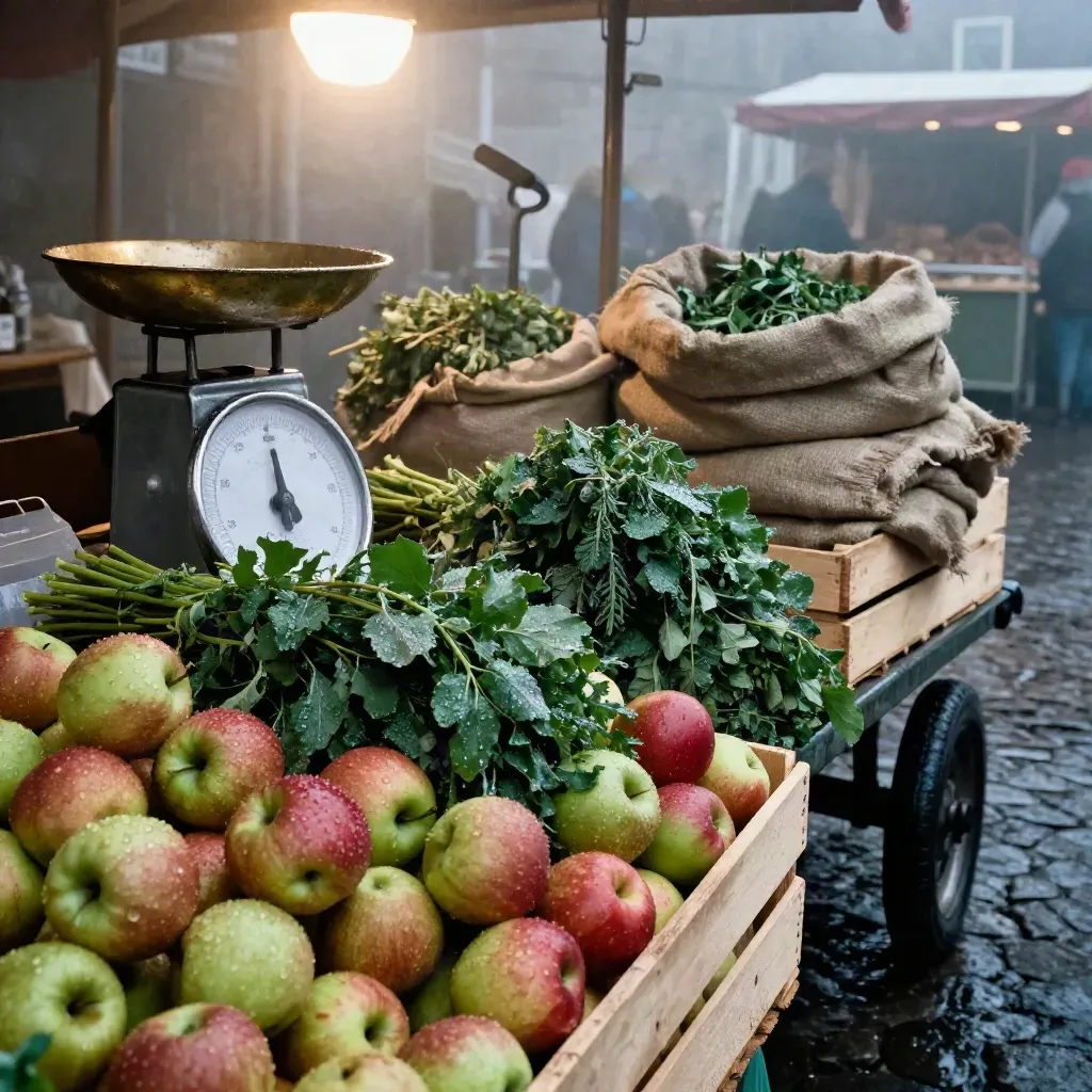 Nahaufnahme von nassen Äpfeln, Kräutern, Waage und Sackgewebe auf einem Kölner Markt.