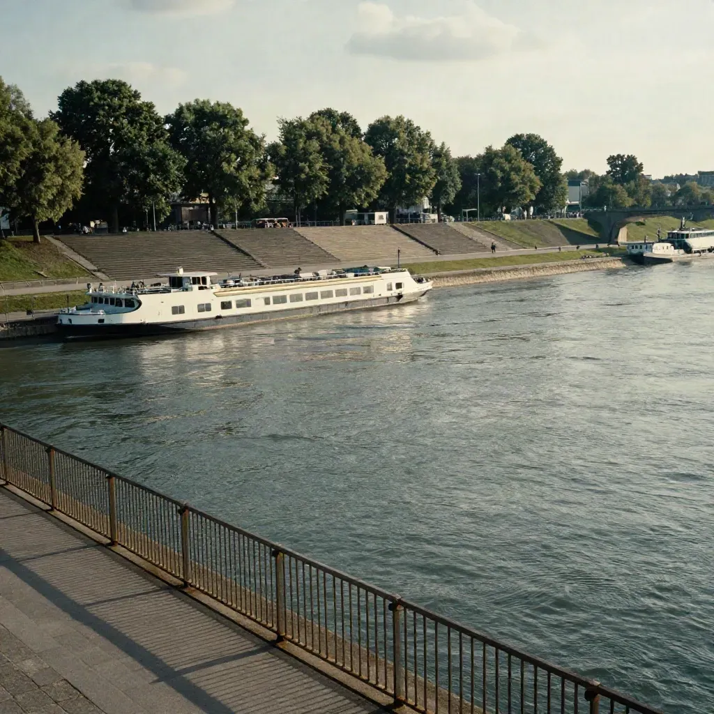 Rheinpromenade mit Fähre, Treppen und sanften Lichtreflexen auf dem Wasser