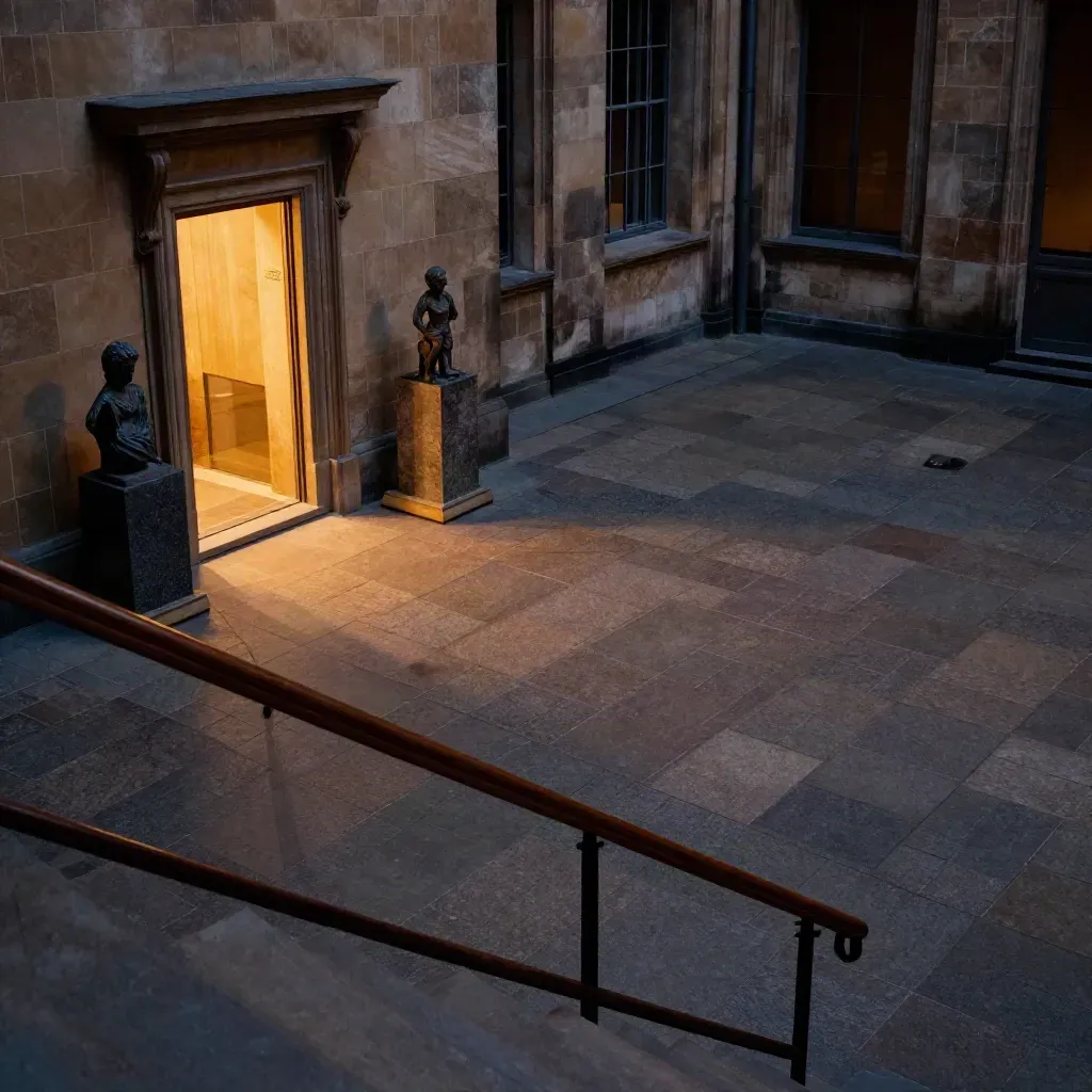 Museumsnacht Köln im Innenhof, beleuchtete Tür, Steinsockel und herbstliches Pflaster