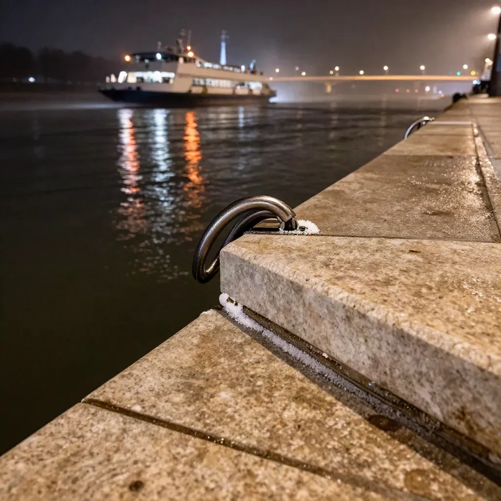 Nasse Travertinstufen am Rheinufer mit Lichtspuren von Fähre und Brücke auf dunklem Wasser