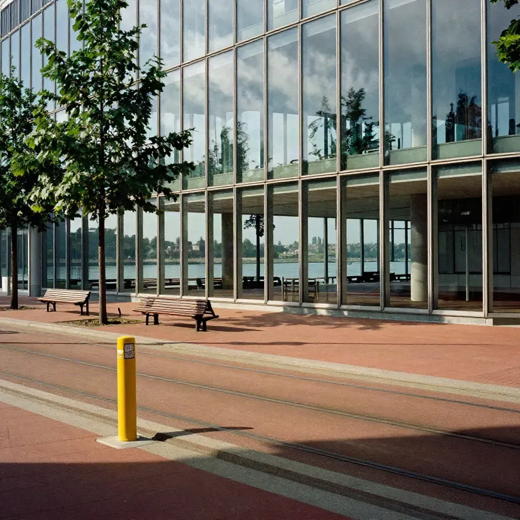 Glasfassade der Messe Deutz mit Tramgleisen, Bäumen und leeren Bänken im Sonnenlicht.
