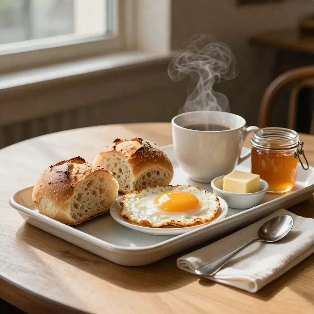 Frühstücks-Tablett in Nippes mit Brötchen, Eiern, Tasse, Butter und Marmelade im Morgenlicht