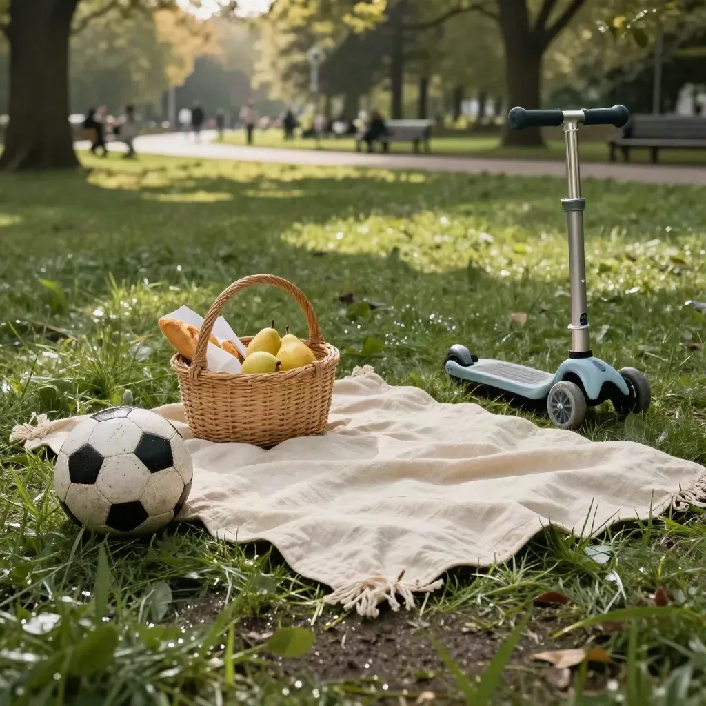 Fußball, Picknickdecke, Marktkorb und Kinderscooter im Kölner Park nach Regen