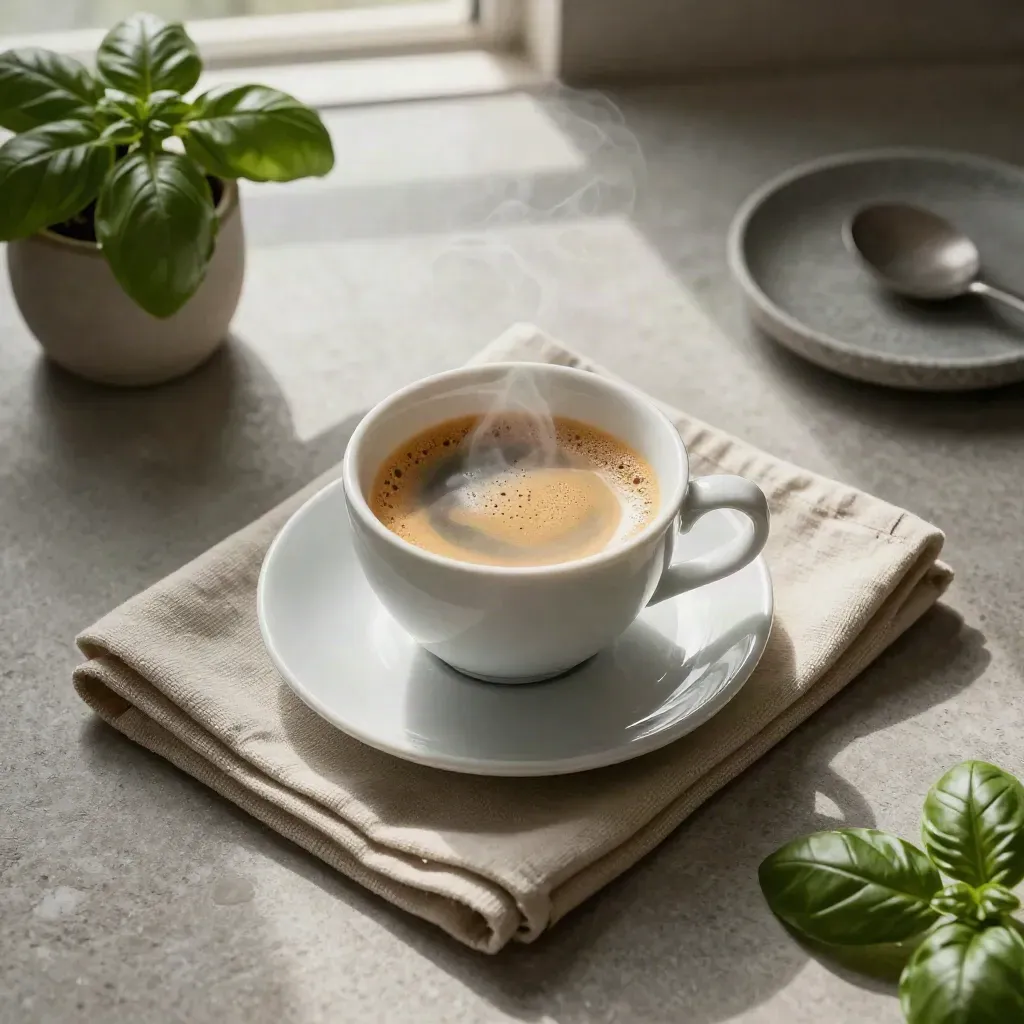 Espressotasse mit Crema, Leinennapkin, Basilikumtopf und Steinschale auf Stein.