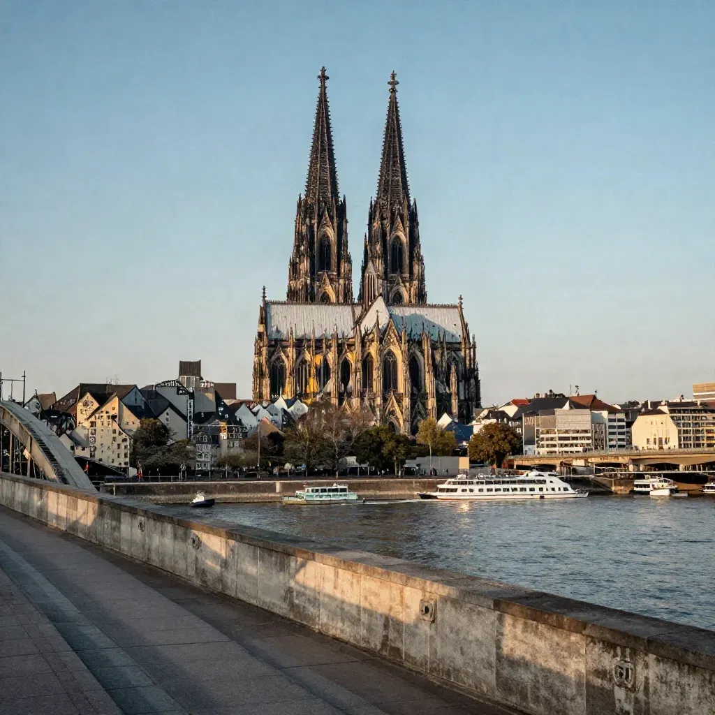 Kölner Dom und Rhein im Abendlicht von einer Brückentreppe aus gesehen