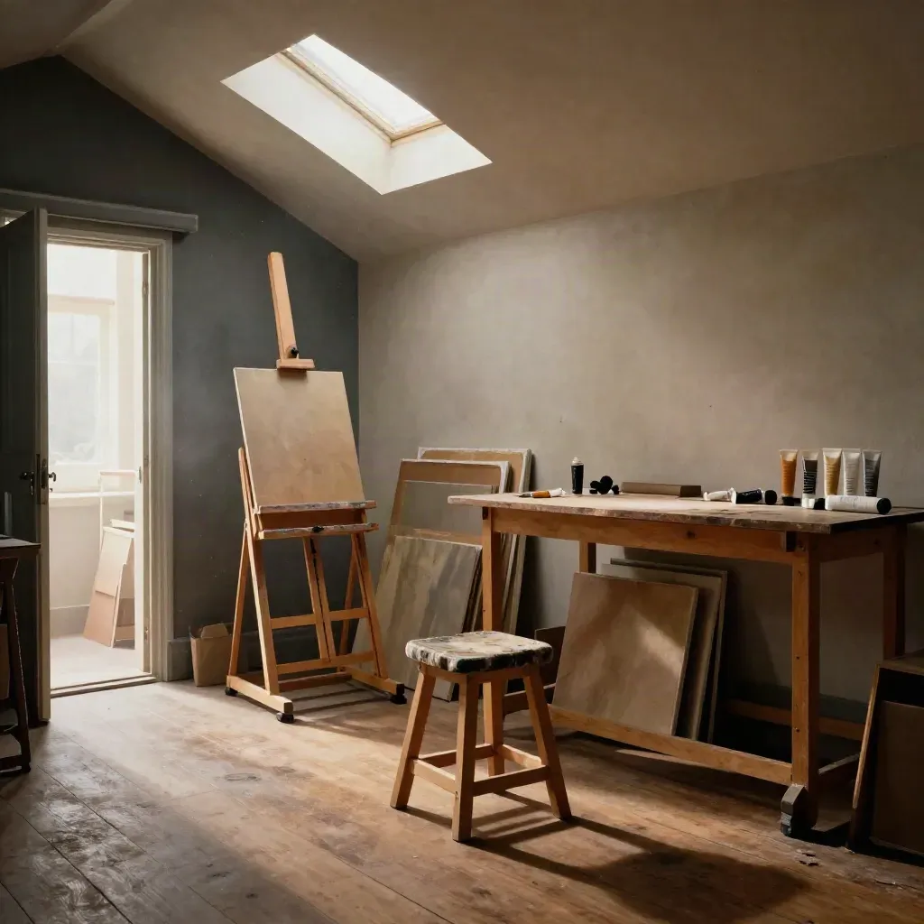 Ehrenfelder Atelier mit Staffeleien, bemalten Hockern und Staub im Licht