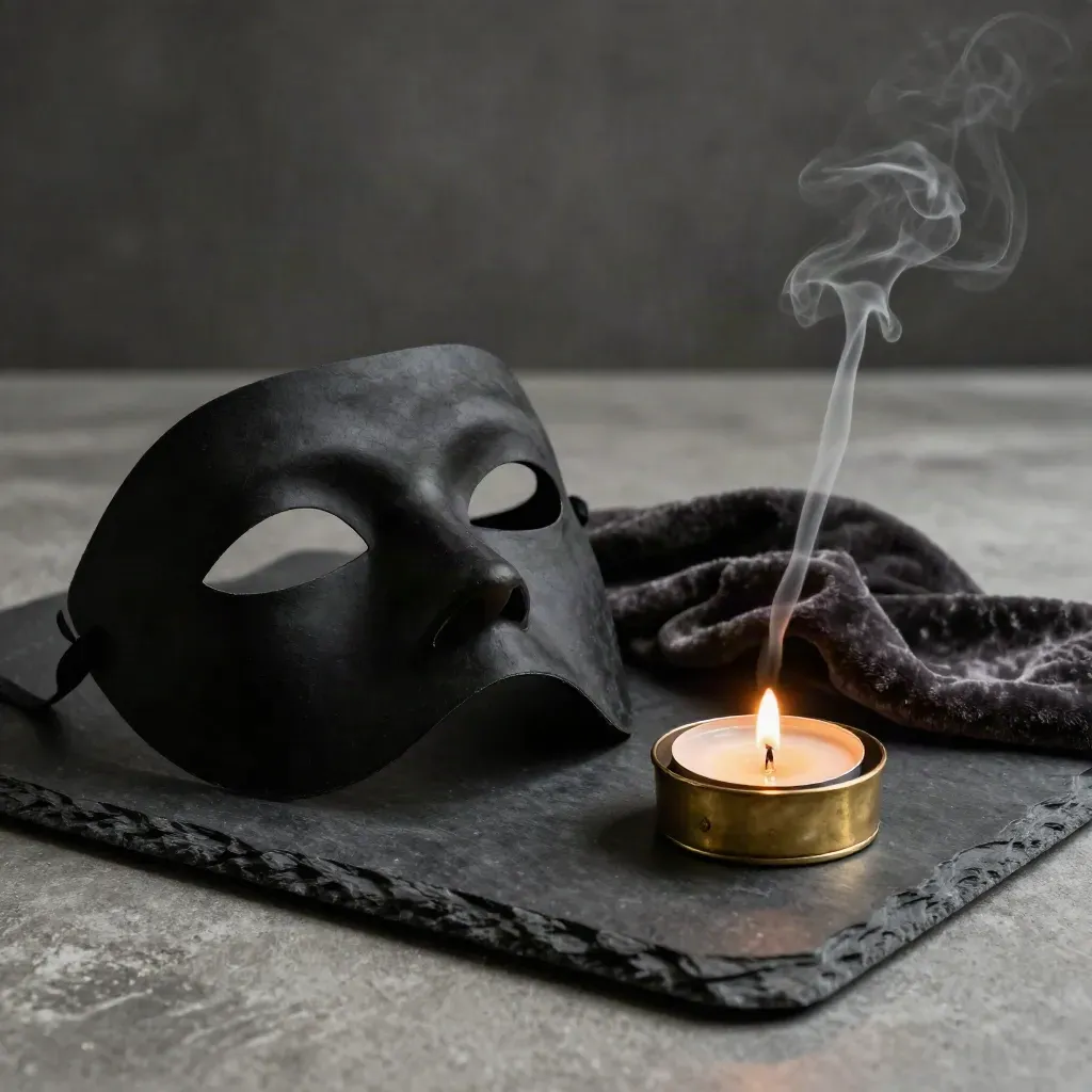 Theatermaske, Samt und Messing auf dunklem Tray mit kleiner Teelichtflamme