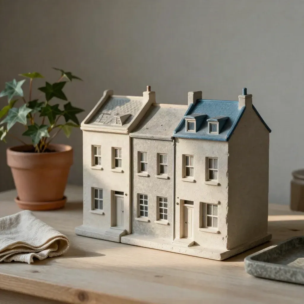 Miniatur-Häuser, Efeu, Leinen und Steinschale im sanften Morgenlicht auf hellem Holz.