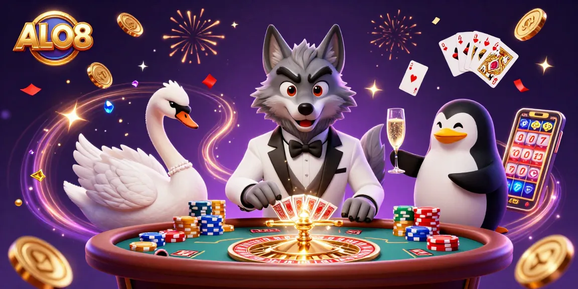 Experience the excitement of ALO8 with vibrant casino action from a wolf, swan, and penguin.