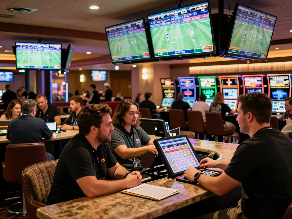 Engaging in ty le keo nha cai while placing sports bets in a vibrant casino.